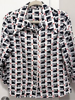 Vintage Graff Collared Button Down Shirt Women L Geometric Print Top Black White